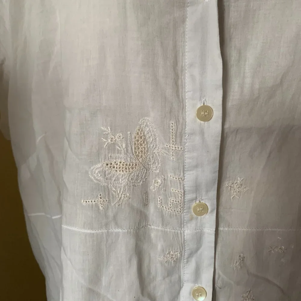 J.JILL WOMENS SHORT SLEEVE WHITE EMBROIDERED BUTTERFLYBLOUSE SIZE 2X 100% COTTON - Picture 3 of 13